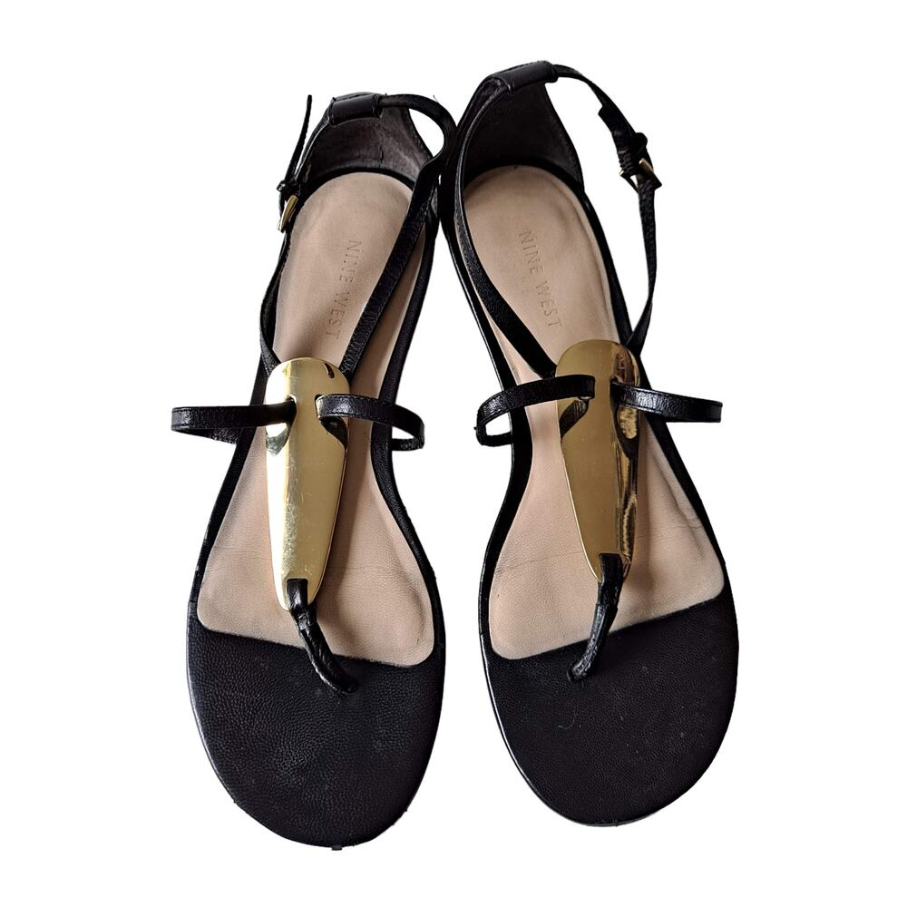 Nine West Black Open Toe Gold Metal Embellishment Thong Flat Sandals - Size 8M